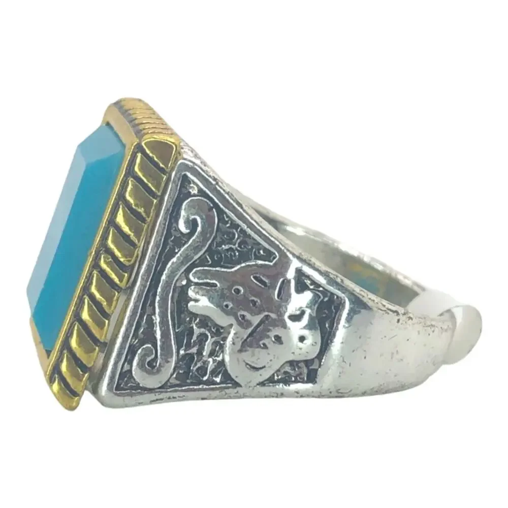 Silver and Gold Boho Ring with Blue Stone - Size 8.5